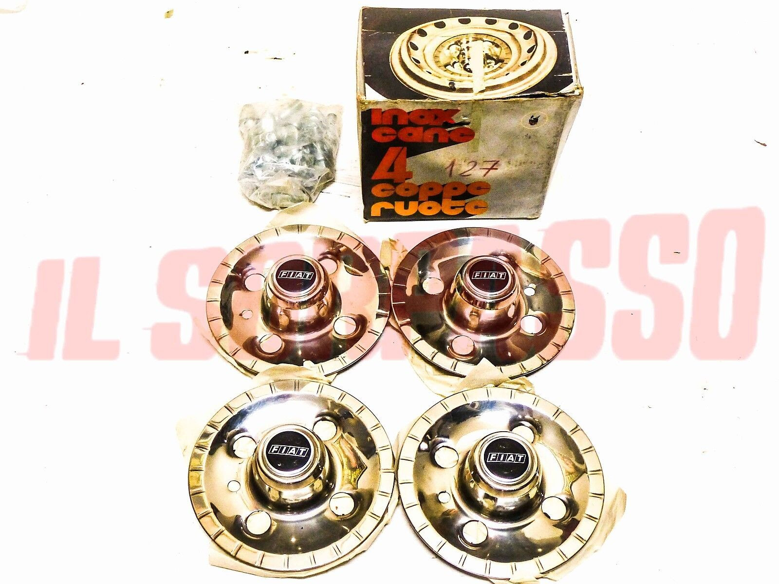 COPPE COPPETTE COPRIMOZZO BORCHIE RUOTA + BULLONI FIAT 127 ORIGINALI