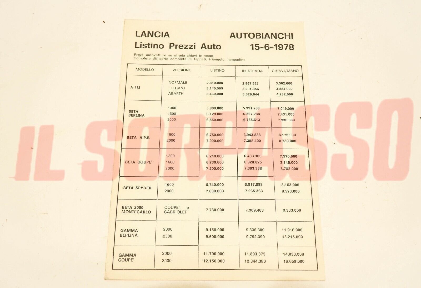 BROCHURE DEPLIANT LISTINO PREZZI AUTO LANCIA AUTOBIANCHI A112 BETA GAMMA  1978 