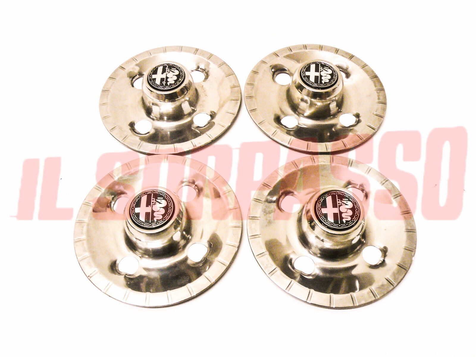 COPPE RUOTA BORCHIE COPRI MOZZO + STEMMI ALFA ROMEO ALFETTA BERLINA ORIGINALI