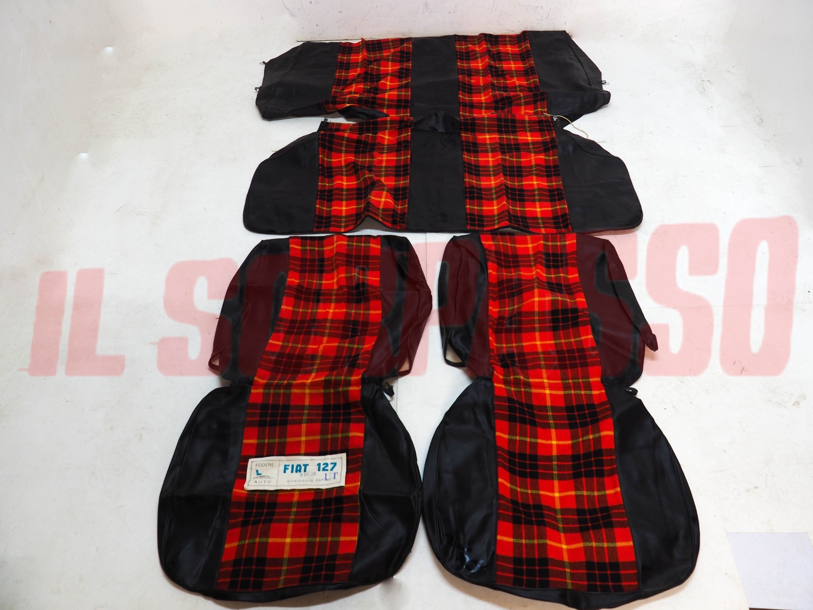 FODERE COPRI SEDILI ANTERIORI + POSTERIORI FIAT 127 2 PORTE SCOZZESE ROSSO NERO