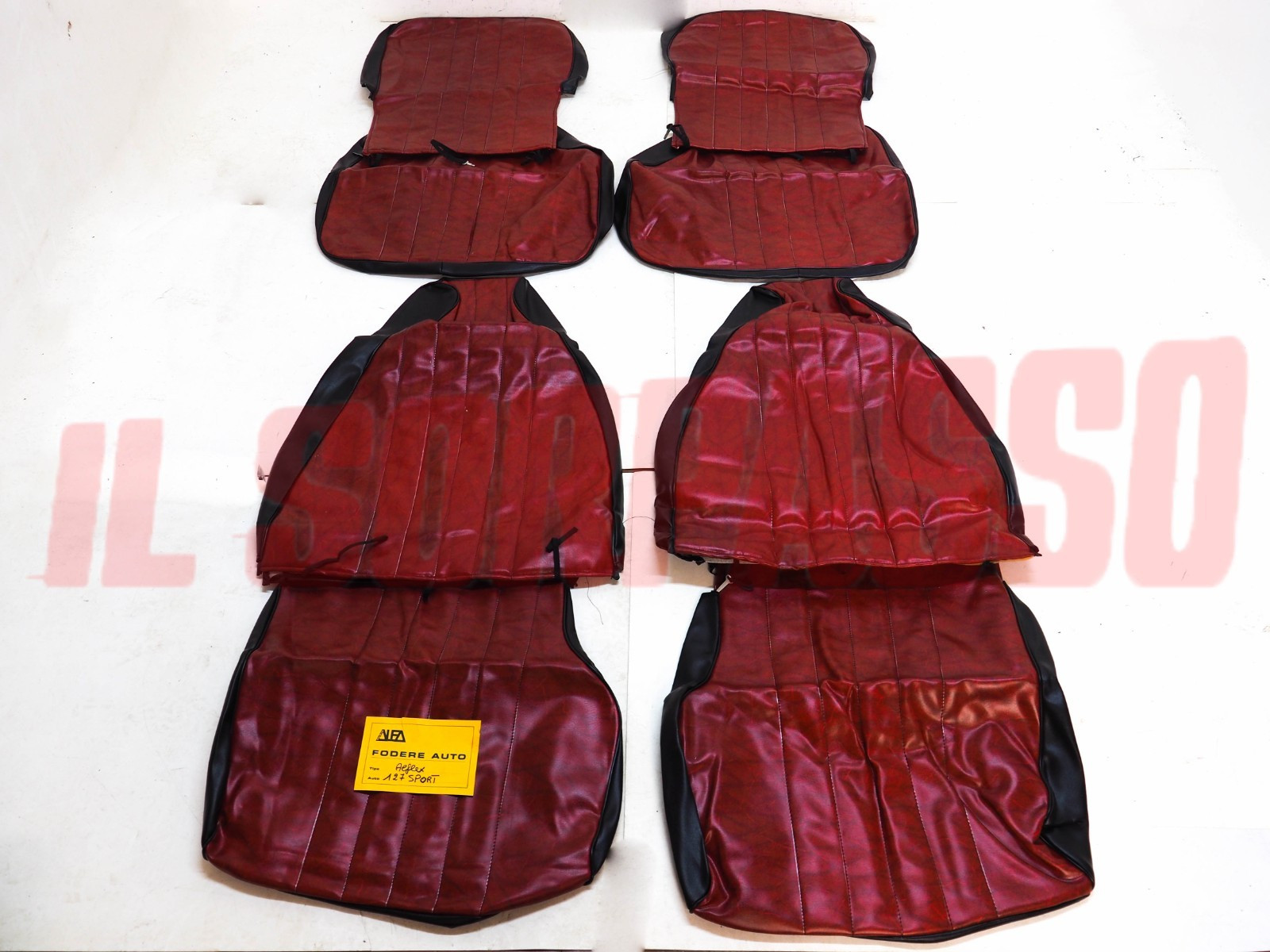 FODERE COPRI SEDILI ANTERIORI POSTERIORI FIAT 127 SPORT IN PELLE ROSSO NERE NOS