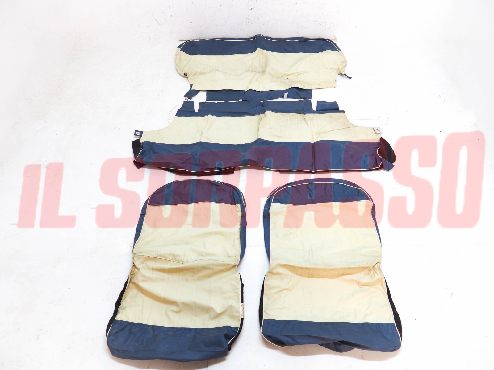 FODERE COPRI SEDILI ANTERIORI + POSTERIORI FIAT 600 1 SERIE BIANCO AZZURRO NOS