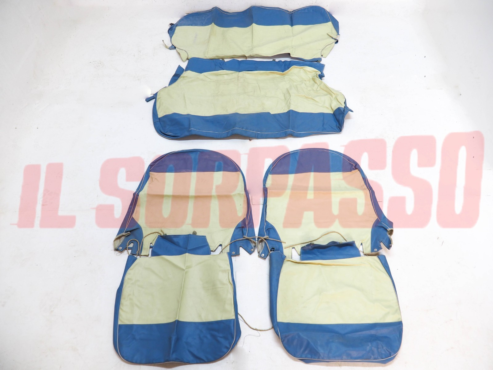 FODERE COPRI SEDILI ANTERIORI + POSTERIORI FIAT 600 1 SERIE CREMA AZZURRO NOS